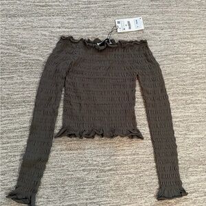 Zara Olive Off-Shoulder Ruffle Blouse